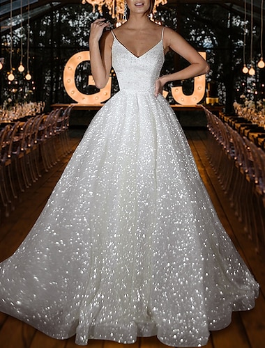  Salão Brilho & Glitter Casual Vestidos de noiva Linha A Camisola Decote V Alças Finas Cauda Escova Paetês Vestidos de noiva Com Cor Única 2024