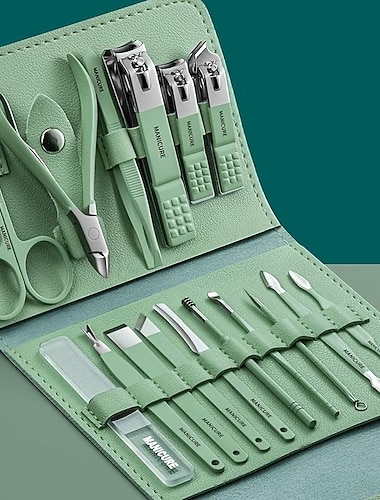  conjunto de manicure 16 em 1 kit de função completa conjunto de pedicure profissional em aço inoxidável com estojo portátil de couro ideia de presente