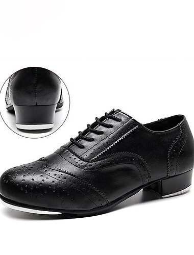  Heren zwart-witte Oxford tapdansschoenen – klassieke imitatieleren veterschoenen met metalen platen voor professionele optredens