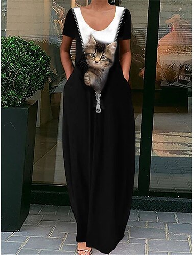  Mujer Vestido informal Vestido de cambio Gato Estampado Escote en Pico Vestido largo maxi Diario Manga Corta Primavera Otoño