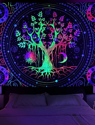  Tapisserie à lumière noire réactive aux UV qui brille dans le noir, décoration murale suspendue, arbre de vie, mandala, psychédélique, trippant, brumeux, pour salon, chambre à coucher