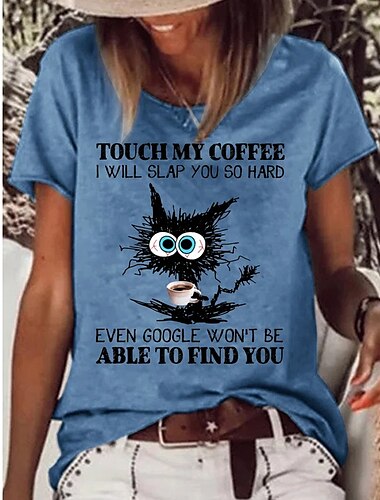  Damen T Shirt Katze Buchstabe Text Basic Kurzarm Rundhalsausschnitt Normale Oberteile Täglich Wochenende Bedruckt Weiß Rosa Blau Grün Grau Frühling, Herbst, Winter, Sommer