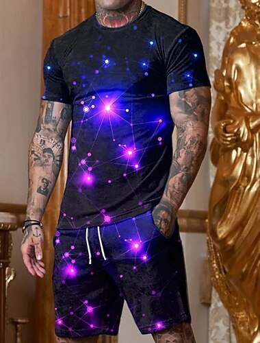  رجالي الرسم نجمة 2 قطع مجموعات التيشيرتات طقم شورت وقميص ملابس تي شيرت كم قصير رقبة عالية مدورة مصمم كاجوال مريح الأماكن المفتوحة عطلة مناسب للبس اليومي طباعة ثلاثية الأبعاد قطعتين للربيع والصيف أزرق