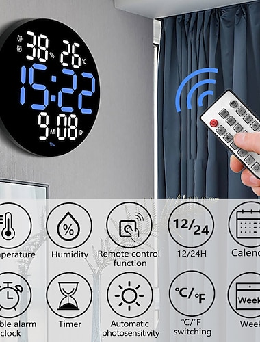  LED Digital Wall Clock Large Screen Silent Temperature Date Day Display Timing Electronic Clock Calendar Mounted Alarm Dining Room Decor with Remote