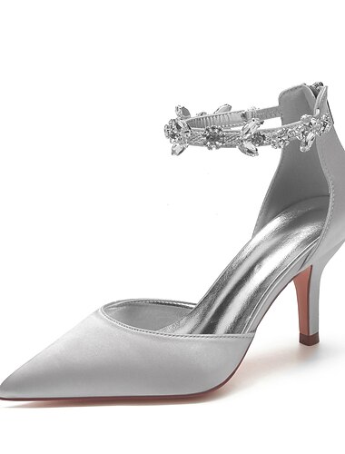  Zapatos de boda de satén plateado con punta puntiaguda para mujer: tira en el tobillo adornada con diamantes de imitación y elegante tacón medio