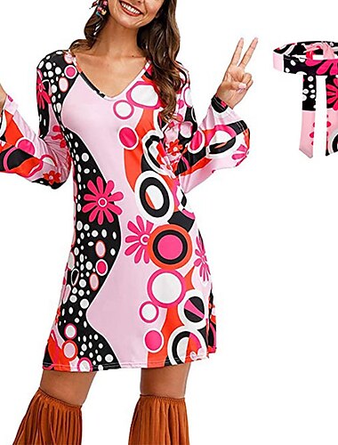  Hippie Retro Vintage 1970er Disko Kleid Kopfbedeckung Kopfbedeckungen Damen Kostüm Jahrgang Cosplay Party & Abend Langarm Kleid Schlager Outfit