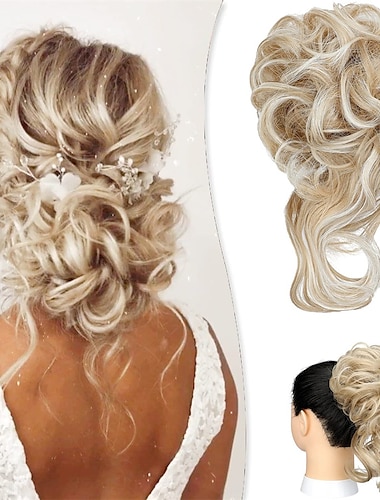  moño desordenado pieza de cabello largo ondulado despeinado extensiones de moño de cabello ondulado envoltura de cabello cola de caballo postizos para el cabello con banda elástica para el cabello