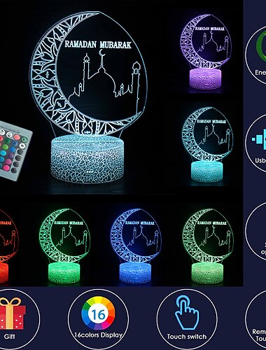  ramadan 3d månen nattljus dekoration mubarak islam kyrka 16 färgbyte fjärrkontroll nattljus dekor muslimsk atmosfär lampa för sovrum vardagsrum eid al-fitr fest ljus vänner troende presenter