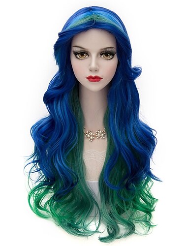  女性用ピーコックブルーグリーンウィッグ ロング カーリー ウェービーウィッグ 29.5インチ カラフルウィッグ コスプレ 衣装 パーティ フワフワウィッグ 合成魅力的熱に優しいオムブレウィッグ ハロウィンウィッグ セントパトリックスデーウィッグ