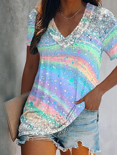  Damen T Shirt Grafik Schmetterling Batik Basic Neon & Leuchtend Kurzarm V Ausschnitt Normale Oberteile Ferien Wochenende Druck Gelb Rosa Blau Grün Leicht Blau