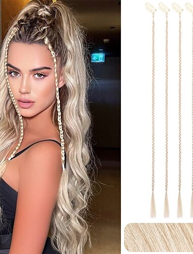  Extensiones de cabello trenzado, 4 piezas, trenzas de bebé, parte delantera, cortina, explosión, clip en extensiones de cabello, pieza de cabello trenzado largo, cabello sintético suave natural para