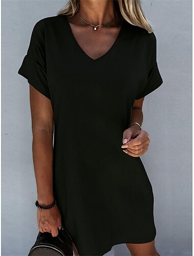  Damen Minikleid Weißes Kleid blusenkleid Sweatkleid Sommerkleid Aktiv Modisch Modern Outdoor Urlaub Täglich Lockere Passform Glatt Kurzarm V Ausschnitt Schwarz Weiß Grau Sommer Frühling