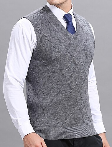  Herren Pullunder Kleid Pullover Wollpullover Pullover Stricken Strick Plaid V Ausschnitt Stilvoll Vintage-Stil Bekleidung Herbst Winter Marineblau Hellgrau S M L