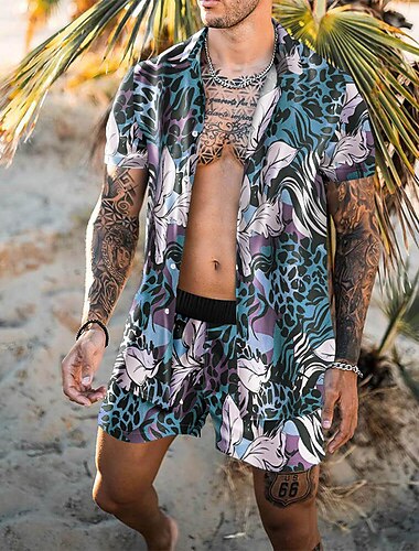  Herren Leopard Grafikdrucke Hemden-Sets Hemd Set Sommer Hawaiihemd Alohahemd Kurzarm Umlegekragen Mode Hawaiianisch Lässig Outdoor Urlaub Lässig 3D-Druck Button-Down Sommer Frühling Rote Blau Purpur
