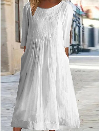  Mujer Vestido Midi Vestido de cambio Vestido blanco Vestidos de lino y algodón Vestido informal Básico Casual Diario Exterior Holgado Plano Manga Corta Cuello Barco Blanco Morado Verano Primavera