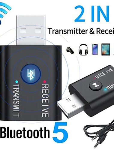  Adaptador de dongle 2 en 1 usb bluetooth 5,0, receptor, transmisor, adaptador de audio inalámbrico estéreo, usb de 3,5mm para PC, auriculares de escritorio