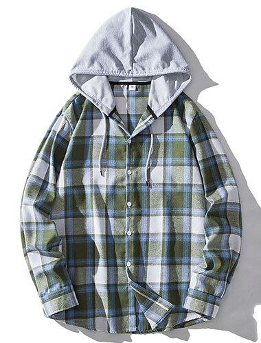  Men's Shirt Button Up Shirt Casual Shirt Hooded Shirt Black Light Brown Blue Dark Green Red & White Long Sleeve Plaid / Check Hooded Street Daily Hooded Clothing Apparel Stylish Classic Casual