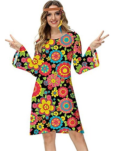  Hippie Retro Vintage 1970er Disko Kleid Damen Kostüm Jahrgang Cosplay Party & Abend Langarm Kleid Maskerade Schlager Outfit