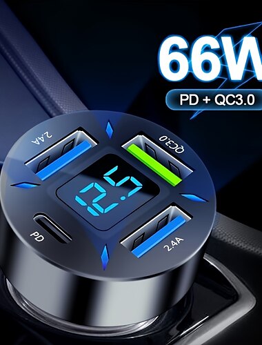  66w 4 Ports Schnellladeadapter 12-24V LED Digitalanzeige tragbarer Autotelefon-Ladeadapter für iPhone Huawei Xmi Samsung