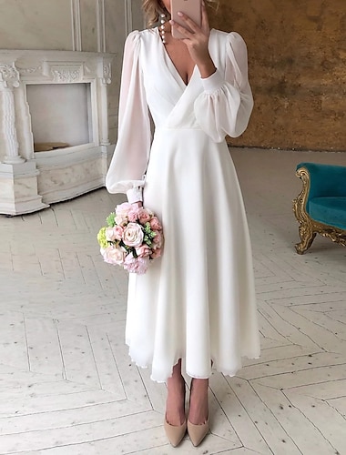 recepção pequenos vestidos brancos vestidos de noiva simples a linha com decote em v manga longa comprimento do tornozelo chiffon vestidos de noiva com cor sólida 2024