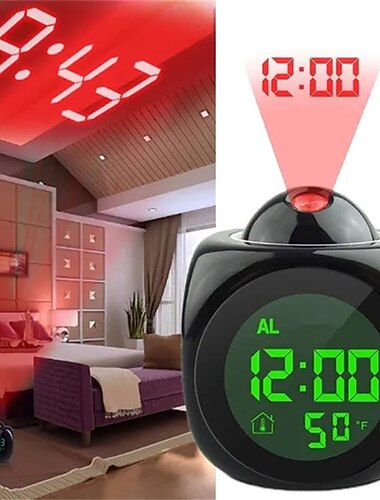  Digital Projection Alarm Clock Home Multifunction Voice Talking Alarm Clock LCD Display with Electronic Thermometer Time Wall Ceiling Projection
