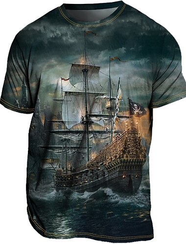  男性用 Tシャツ グラフィック 船 航海 クルーネック 衣類 3Dプリント アウトドア カジュアル 半袖 プリント ヴィンテージ ファッション デザイナー