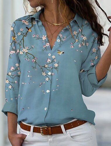  Woman's Shirt Bloem Print Knopen Groen Paars Blauw Lange Mouwen Casual Vakantie Elegante Mode Shirt Kraag Lente Zomer