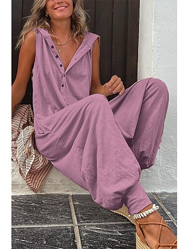  Damen Normal Jumpsuit Strassenmode Feste Farbe Ärmellos Mit Kapuze Knopf Urlaub Täglich Regular Fit Schwarz Gelb Purpur Sommer