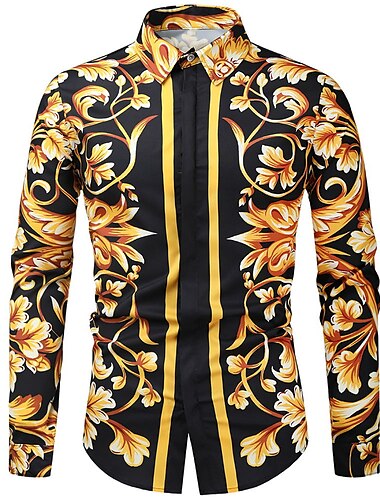  Herren Hemd Abschlussball-Shirt Geometrisch Festtage Strand Gelb Orange Gold Langarm Klassischer Kragen Frühling & Herbst Bekleidung Bedruckt