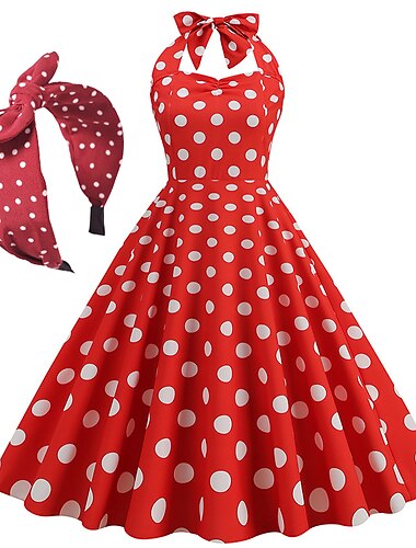  Retro Antiguo 1950s Inspirado en la vendimia Hasta la Rodilla Vestido Cóctel Bandana Vestido swing Sin Mangas Lazo A Lunares Ajustado / Acampanado Cuello halter Mujer Carnaval día de San Valentín