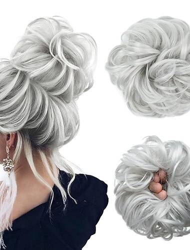  moño desordenado grandes scrunchies ondulado rizado sintético plata gris cola de caballo extensiones de cabello grueso updo piezas de cabello para mujeres niñas niños