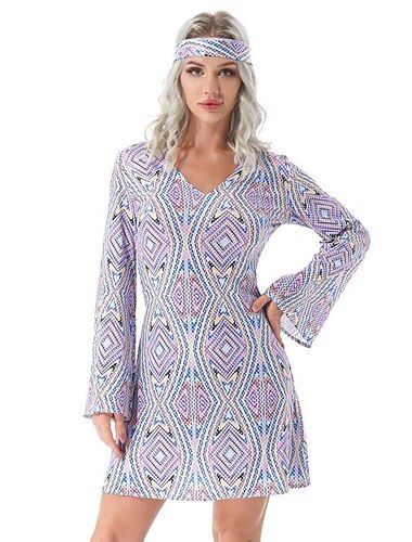  Hippie Retro Vintage Hippie 1970er Disko Kleid Kopfbedeckung Damen Kostüm Jahrgang Cosplay Party & Abend Kleid Maskerade Schlager Outfit
