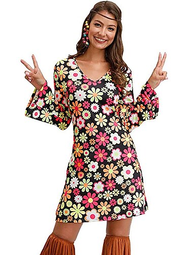  Hippie Retro Vintage 1970er Disko Kleid Damen Kostüm Jahrgang Cosplay Party & Abend Langarm Kleid Maskerade Schlager Outfit