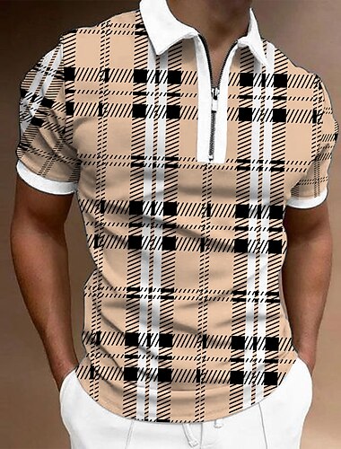  Herre POLO T-skjorte Kvart zip-polo Avslappet Daglig Aftæpning Quarter Zip Kortermet Sport Mote Ruter Glidelås Quarter Zip Vår sommer Normal Grønn Aprikos Lyseblå POLO T-skjorte