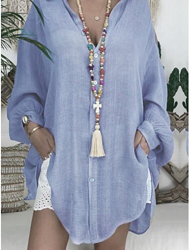  Damen Schwarz Weiß Blau Sommer Frühling Herbst Minikleid Leinen-inspirierte Kleider Weißes Kleid Hemdblusenkleid Lässig Outdoor Urlaub Täglich Lässiger Schnitt Einfarbig Hemdkragen