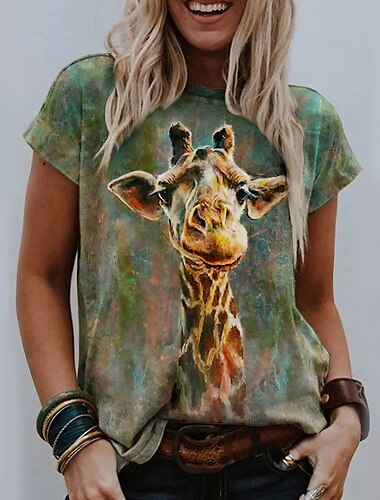  t-shirt basique à manches courtes pour femme, imprimé girafe, col rond, quotidien, week-end, vert