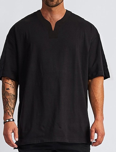  男性用 Tシャツ 特大シャツ 平織り Ｖネック 日常 バケーション 半袖 衣類 スタイリッシュ クラシック カジュアル / スポーティ 筋