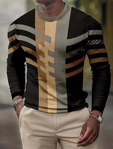  男性用 Tシャツ ワッフルTシャツ グラフィック カラーブロック クルーネック 衣類 3Dプリント アウトドア カジュアル 長袖 プリント ファッション デザイナー 快適