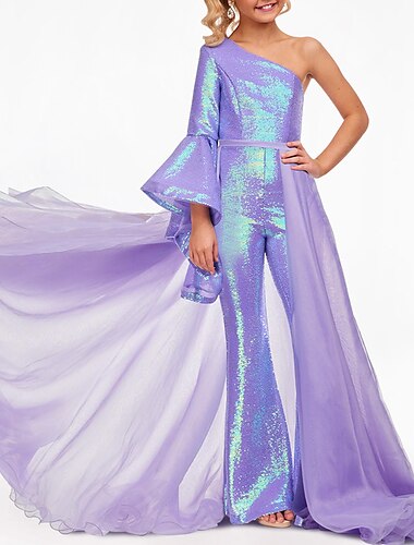  Monos largos hasta el suelo, vestido de niña de las flores, lentejuelas, desfile&amp;Lindo vestido de fiesta de organza con lentejuelas brillantes y diseño de unicornio arcoíris para