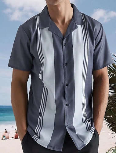  男性用 シャツ ボーリングシャツ ボタンアップシャツ サマーシャツ カジュアルシャツ グレー 半袖 ストライプ 折襟 日常 バケーション 衣類 ファッション 1950年代風 カジュアル 快適