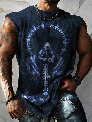  男性用 グラフィック スカル スケルトン ベストトップ 男性用ノースリーブTシャツ ノースリーブ ストラップ Tシャツ 3Dプリント クルーネック シャツ ファッション デザイナー 筋 日常 スポーツ ジム用 ブラック ブルー ダークブルー 春夏 衣類 S M L XL 2XL 3XL