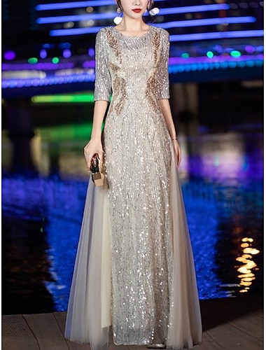  mantel abendkleid hochzeit gast party funkeln&amp;Shine Petite – U-Ausschnitt, bodenlanges Tüllkleid mit Pailletten, halblangen Ärmeln und Falten – beeindruckendes Kleid 2025