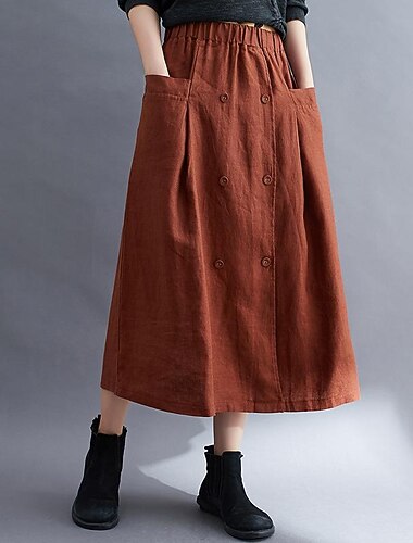  Mulheres estilo avó costeira Básico Casual Comprimento Longo Médio Saias Cor Sólida Bolsos Pontas duplas Diário Rua Preto Marron Verde Damasco Primavera Verão Algodão Linho