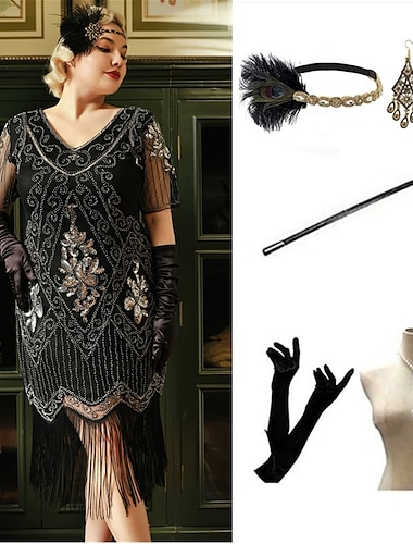  Der große Gatsby Midlänge Flapper Kleid Kleid Outfits Der große Gatsby Hochzeitsgast Pailletten Quastenfransen Pailletten Quaste V Ausschnitt Damen Maskerade Abschlussball Party & Abend