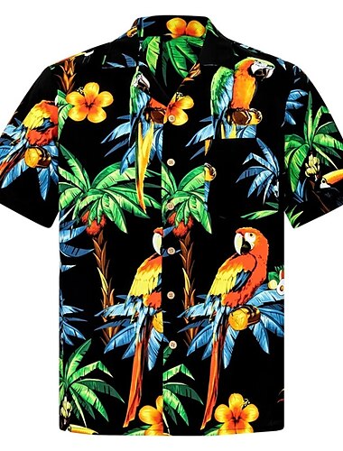  Herre Skjorte Hawaii skjorte Grafiske trykk Palmetre Papegøye Aftæpning Grønn / Svart Avslappet Hawaiisk Kortermet Trykt mønster Knapp ned Klær Tropisk Mote Gatemote Hawaiisk