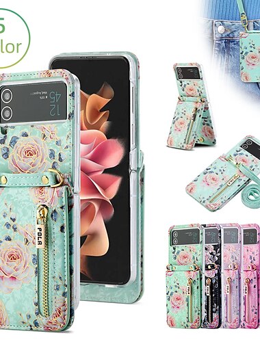  телефон Кейс для Назначение SSamsung Galaxy Z-флип 6 Z Flip 5 Z Flip 4 Z Flip 3 Сумочка Кошелек Кошелек для карт Флип Молния со съемным ремешком через плечо Графика Цветы Кожа PU