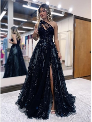  A-Linie Schwarze Ballkleider Farbblock Kleid Formal Hochzeitsgast Sweep  Brush Train Ärmellos Ein Schulter Tüll Rückenfrei mit Falten Applikationen Maskerade Kleid 2025