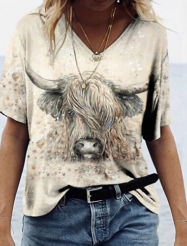  Damen T-Shirt Vintage Ethno Kuh Patchwork Print Kurzarm Normale Oberteile V-Ausschnitt Home Casual Alltag Beige Sommer