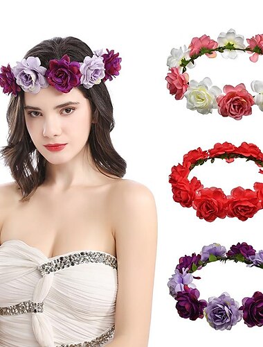  diadema de flores rosa floral boho guirnalda guirnalda aro de pelo tocado bohemio tocado mujeres niñas corona hojas bandas para el cabello decoración de fiesta cosplay traje hecho a mano accesorios