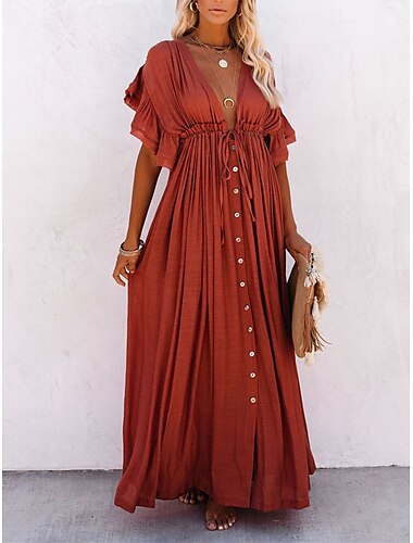 Damen kleid lang abendkleider Casual kleid Schaukelkleid Einfarbig Modisch Brautkleider schlicht Outdoor Täglich Urlaub Rüsche Rückenfrei Kurzarm V Ausschnitt Kleid Lockere Passform Armeegrün Wei